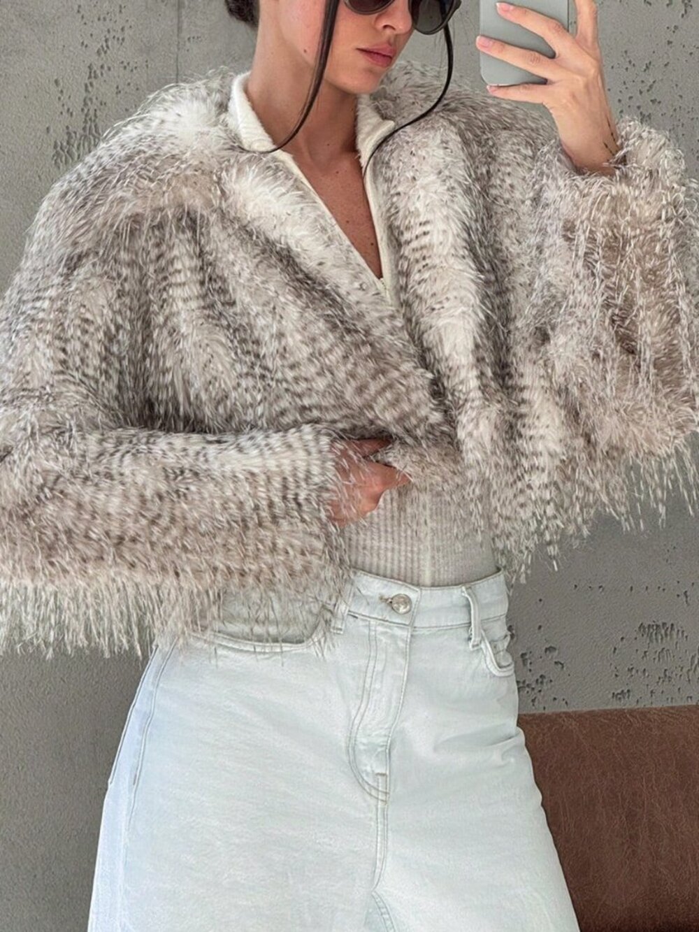 Khaki Casual Women's Fluffy Fur Collar Long Sleeve Warm Fluffy Jacket